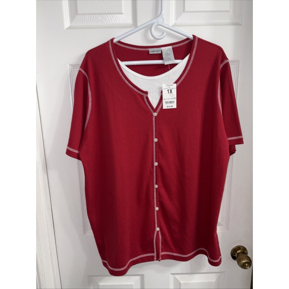 Cabin Creek Women's Blouse T-shirt 1XL Red/White Layered Look NWT